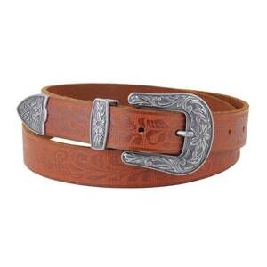 NEW MOST WANTED men's western tooled vintage buckle leather belt in tan